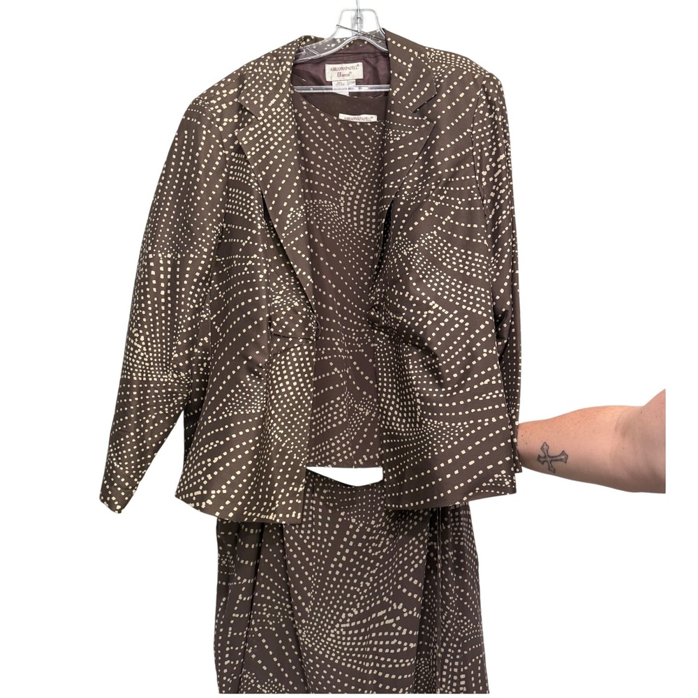 Adrianna Papell Woman 20W 3 Piece Silk Skirt‎ Suit Set Brown Geometric Dot Print